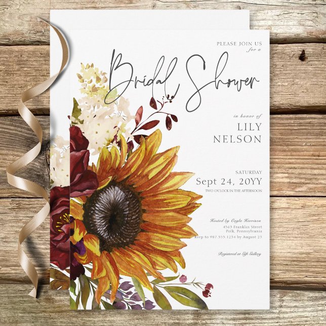 Invitación Flores rusas y ducha de novia floral borgoñona (Rustic Sunflowers & Burgundy Floral Bridal Shower Invitation)