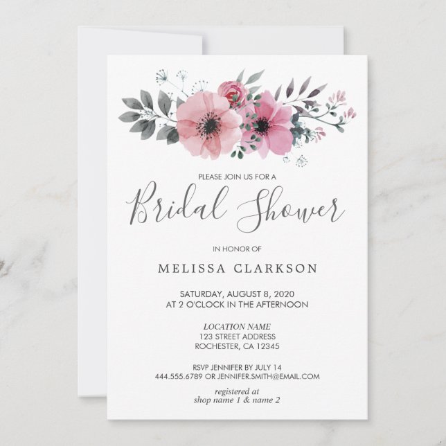 Invitación Flores rusas y elegantes de acuarela Bridal Shower (Anverso)