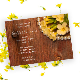 Invitación Flores Rústicas Amarillas Perlas Barn Quinceanera