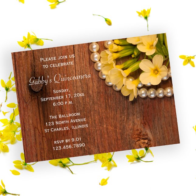 Invitación Flores Rústicas Amarillas Perlas Barn Quinceanera (Subido por el creador)
