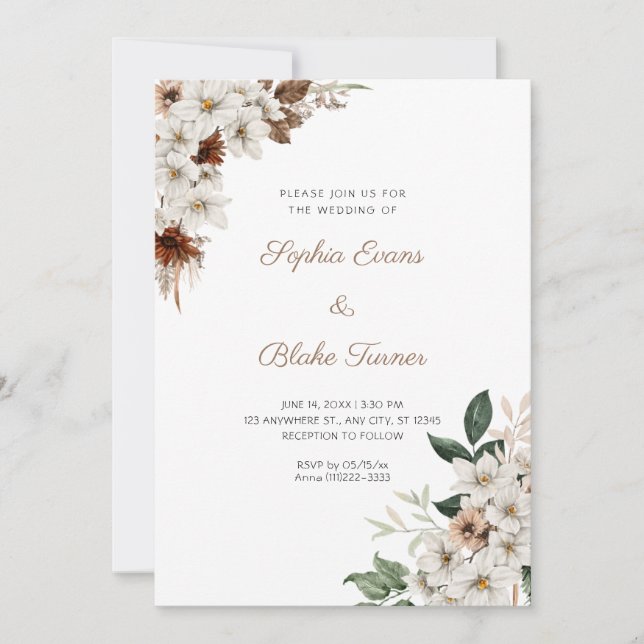 Invitación Flores Rústicas Blancas Bodas Bohemianas Blancas (Anverso)