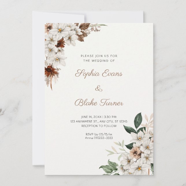 Invitación Flores Rústicas Blancas Desgastadas Boda Boho Blan (Anverso)