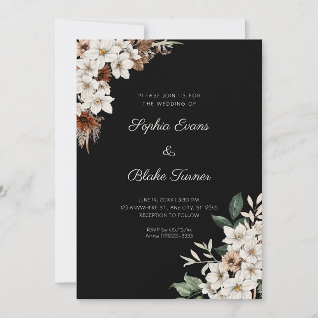 Invitación Flores Rústicas Blancas Fuera de lo Común Boda Neg (Anverso)