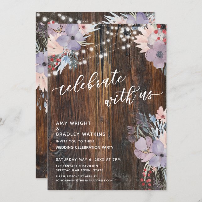 Invitación Flores Rústicas Boho & Luces Celebren Con Nosotros (Anverso / Reverso)