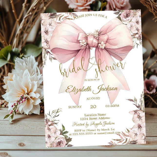 Invitación Flores Rústicas Chic con Lazo Rosa para Despedida  (Subido por el creador)