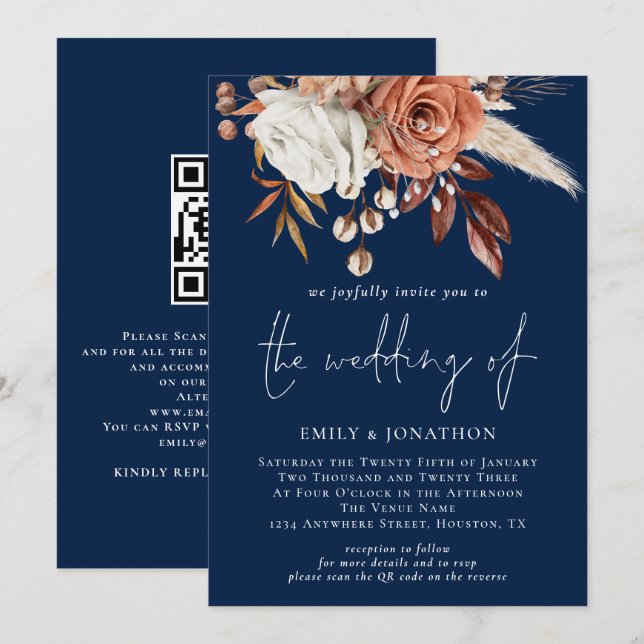 Invitación Flores rusticas Código QR Boda azul de la Marina (Anverso / Reverso)