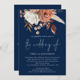 Invitación Flores rusticas Código QR Boda azul de la Marina