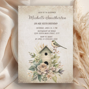 Invitación Flores rústicas de casas de pájaros vintage cumple