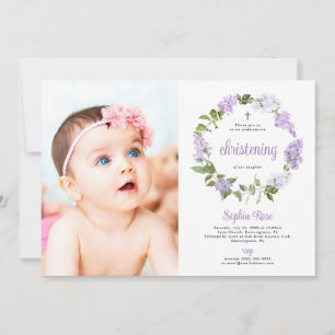 Invitación Flores Rústicas de Lila Foto de Niña en Bautizo