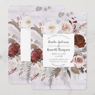Invitación Flores Rústicas de Madera Florales Rosadas Grises
