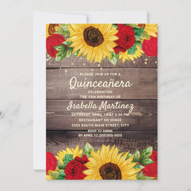 Invitación Flores Rústicas De Madera Sunflower Roses Rojas Qu (Anverso)