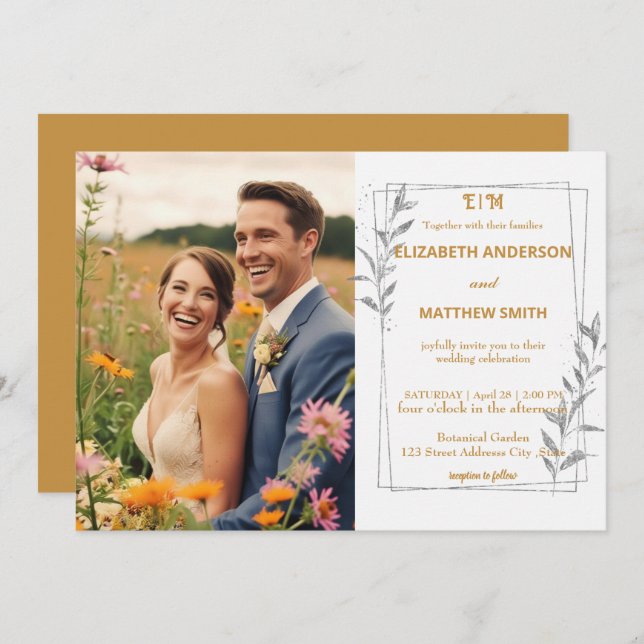 Invitación Flores rústicas de oro elegante foto boda romántic (Anverso / Reverso)