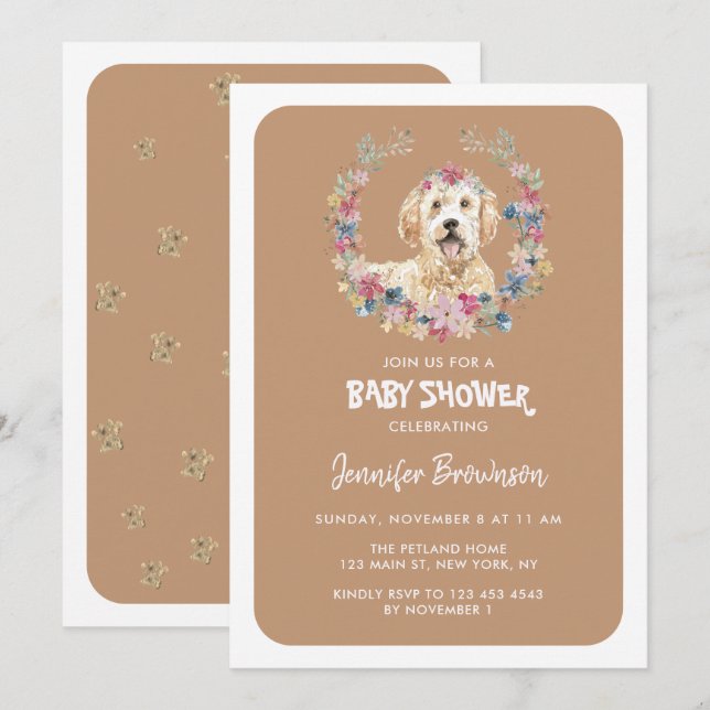Invitación Flores rusticas de perro de goldendoodle (Anverso / Reverso)