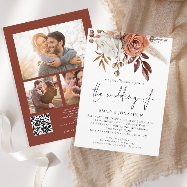 Invitación Flores Rústicas de Terracota Código QR Boda 3 Foto (Square Corners - one of the 6 different corner/edge styles to choose from)