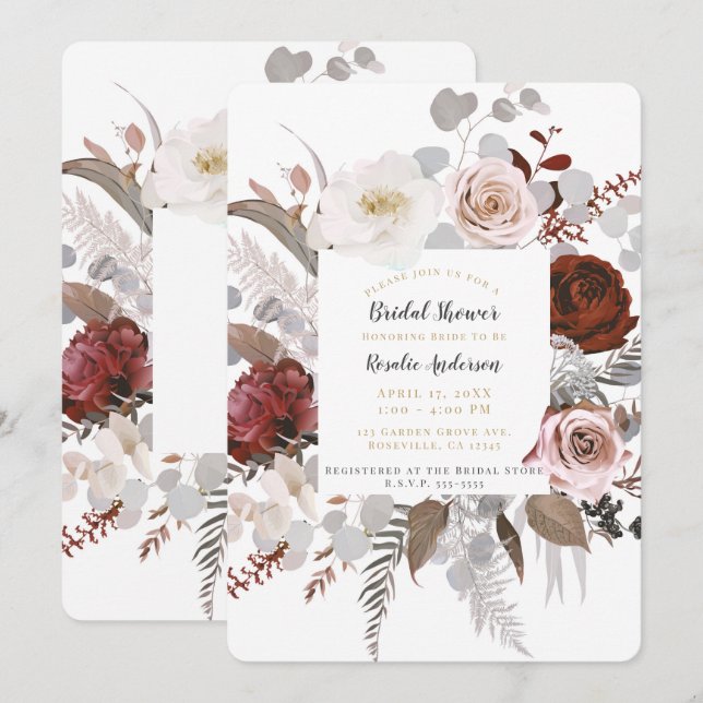 Invitación Flores Rústicas Florales Rosa Gris Rojo Ducha Nupc (Anverso / Reverso)