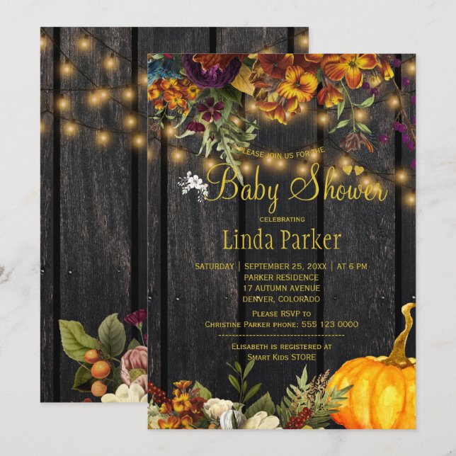 Invitación Flores rústicas granero de madera otoño caída baby (Anverso / Reverso)
