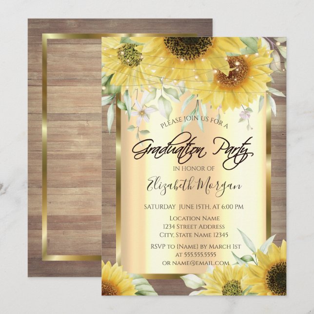 Invitación Flores Rústicas, Luces, Graduación De Madera (Anverso / Reverso)