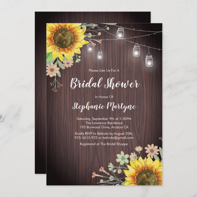 Invitación Flores Rústicas Madera Mason Jar Bridal Shower (Anverso / Reverso)