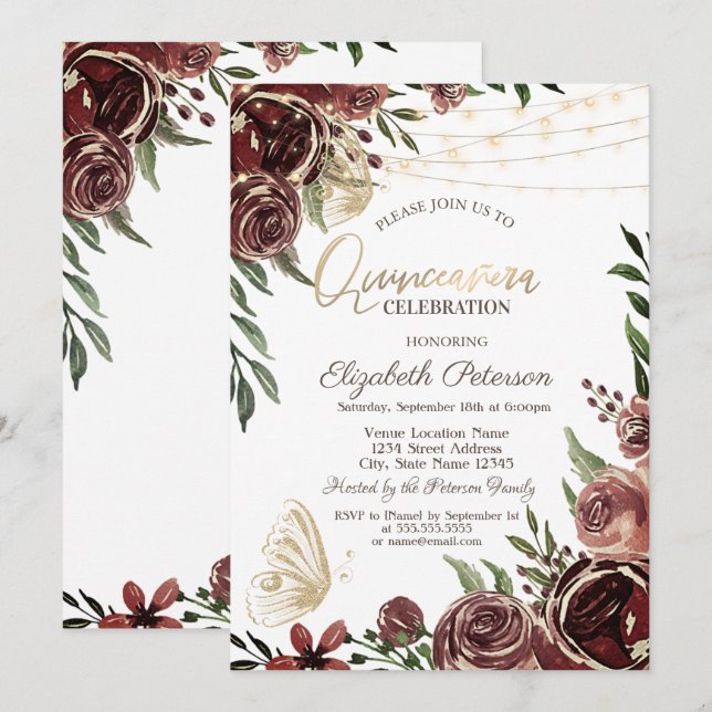 Invitación Flores Rústicas Mariposas Brillantes  (Anverso / Reverso)