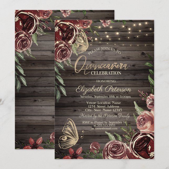 Invitación Flores Rústicas Mariposas Brillantes Madera (Anverso / Reverso)