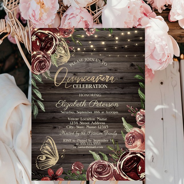 Invitación Flores Rústicas Mariposas Brillantes Madera (Subido por el creador)