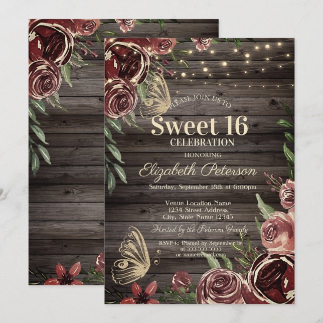 Invitación Flores Rústicas Mariposas Brillantes Madera Dulces (Anverso / Reverso)