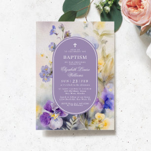Invitación Flores rusticas moradas y amarillas bautizan elega