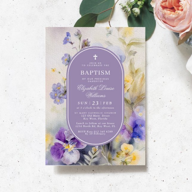 Invitación Flores rusticas moradas y amarillas bautizan elega (Subido por el creador)