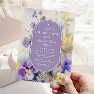 Invitación Flores rusticas moradas y amarillas cristianas