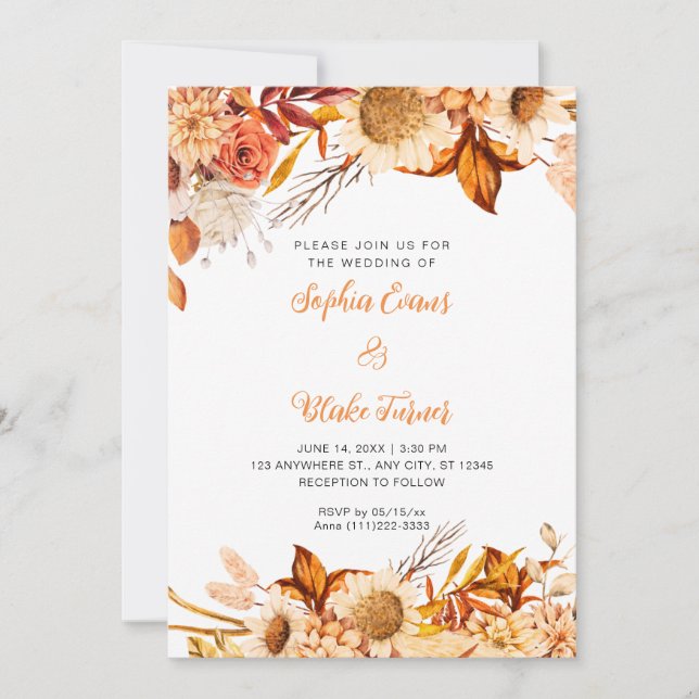 Invitación Flores Rústicas Naranjas y Blancas Boda Bohemia Bl (Anverso)