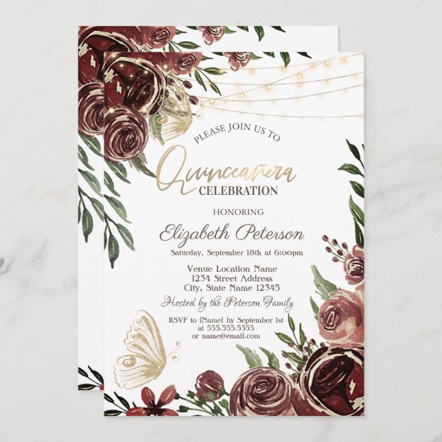 Invitación Flores rusticas Purpurinas mariposas (Anverso / Reverso)