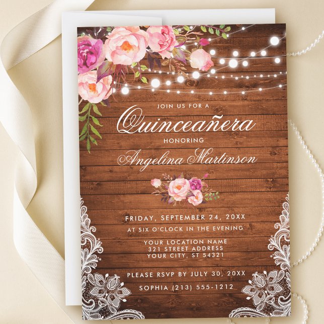 Invitación Flores Rústicas Quinceanera De Madera Lace Floral  (Customize to add more text or photos to back of card.)