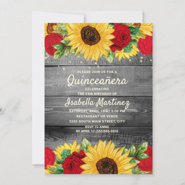 Invitación Flores Rústicas Rojas Rosas Foto De Quinceañera (Anverso)