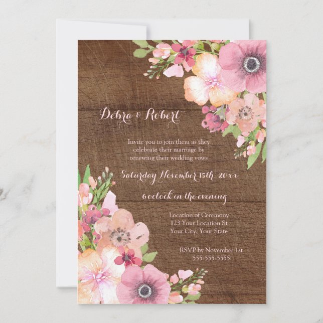 Invitación Flores rusticas rosadas de madera prometen renovac (Reverso)
