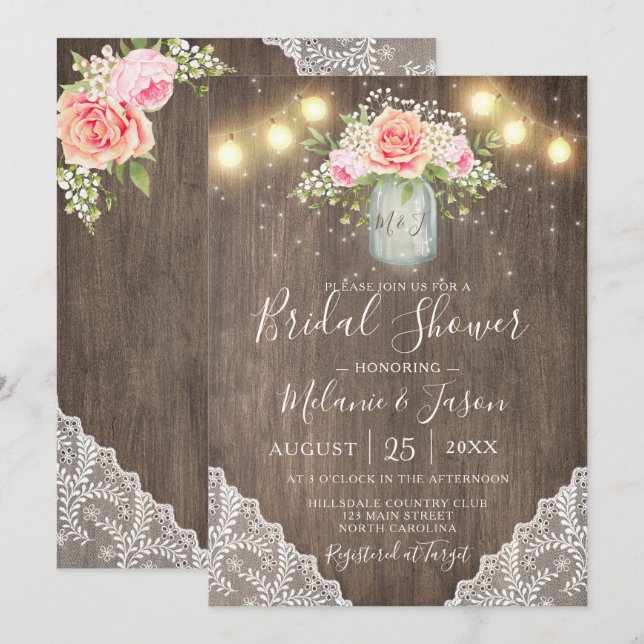 Invitación Flores rusticas rosadas, ducha de novias Mason Jar (Anverso / Reverso)