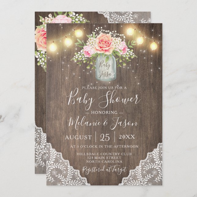 Invitación Flores rusticas rosadas Mason Jar Lace Baby Shower (Anverso / Reverso)