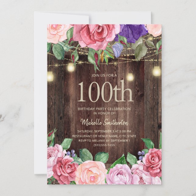 Invitación Flores rusticas rosadas púrpuras String Luces 100° (Anverso)