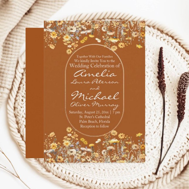 Invitación Flores salvajes amarillas blancas Boda Terracotta (Subido por el creador)