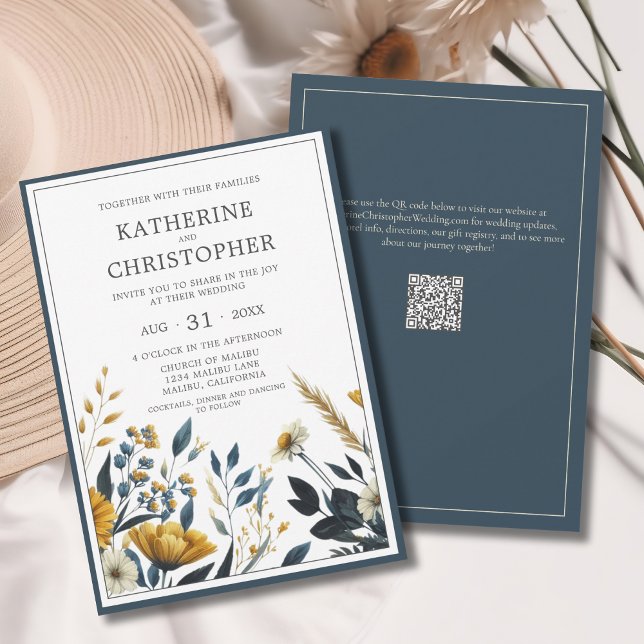 Invitación Flores salvajes amarillas elegantes Boda formal (Blue Yellow Wildflowers Elegant Save the Date Card with QR Code for Wedding Website.)