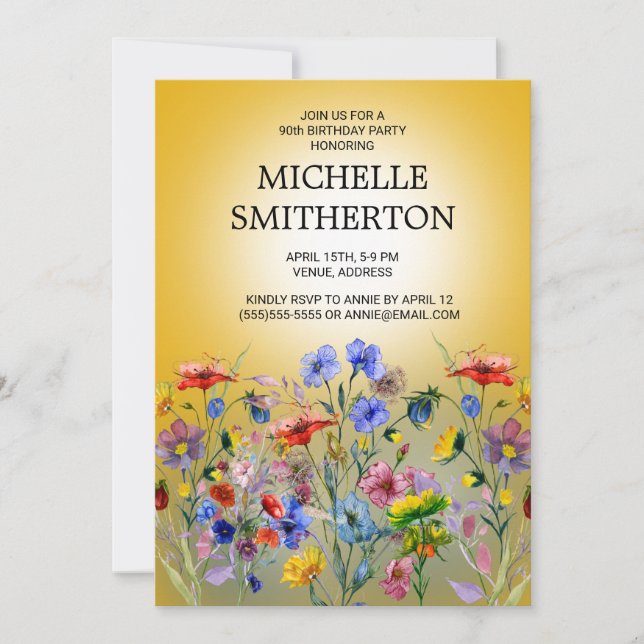 Invitación Flores salvajes amarillas rojas 90 cumpleaños (Anverso)