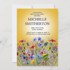 Invitación Flores salvajes amarillas rojas 90 cumpleaños