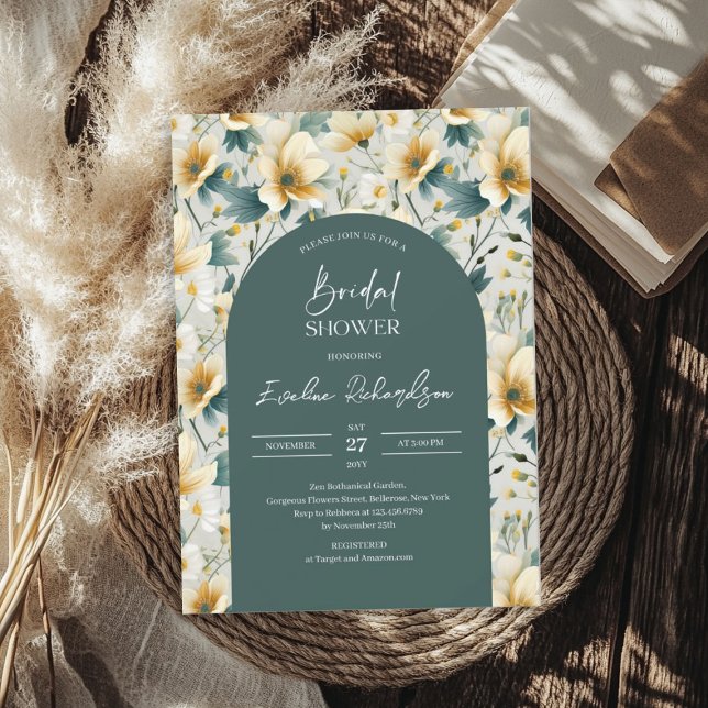 Invitación Flores salvajes amarillas verdes polvorientas (Boho arch colorful dusty green yellow wildflowers invitation)