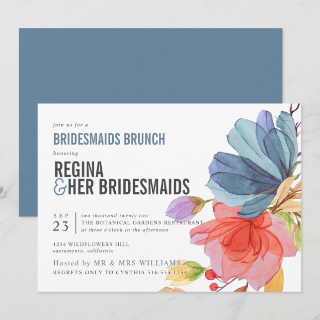 Invitación Flores salvajes audaces Bridesmaids Azul Brunch Lu (Anverso / Reverso)