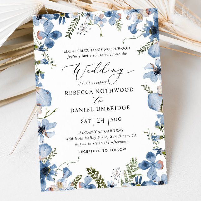 Invitación Flores salvajes azul turquesa elegante boda (Subido por el creador)