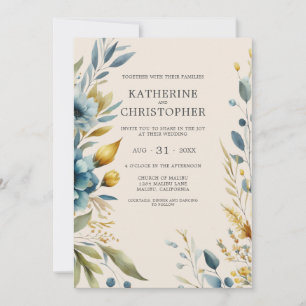 Invitación Flores salvajes azul turquesa elegante Boda beige