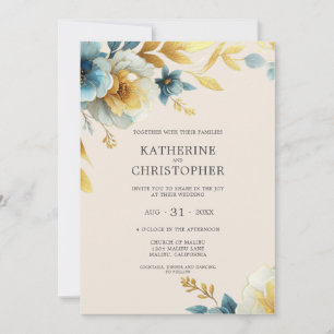 Invitación Flores salvajes azul turquesa elegante boda beige