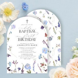 Invitación Flores salvajes azul y turbia bautismo sagrado y p