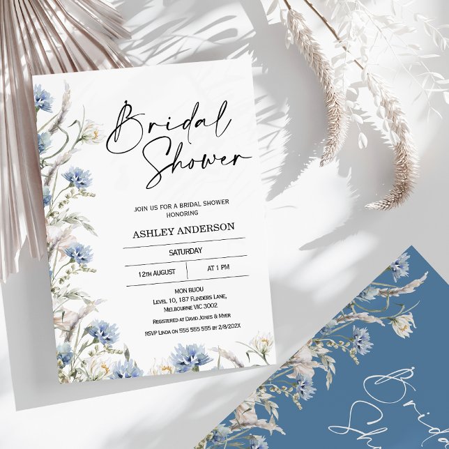 Invitación Flores salvajes azul y turquesa moderna ducha de n (Dusty Blue Wildflowers Bridal Shower Invitation, Modern Design, Blue Floral Bridal Shower Invitation)