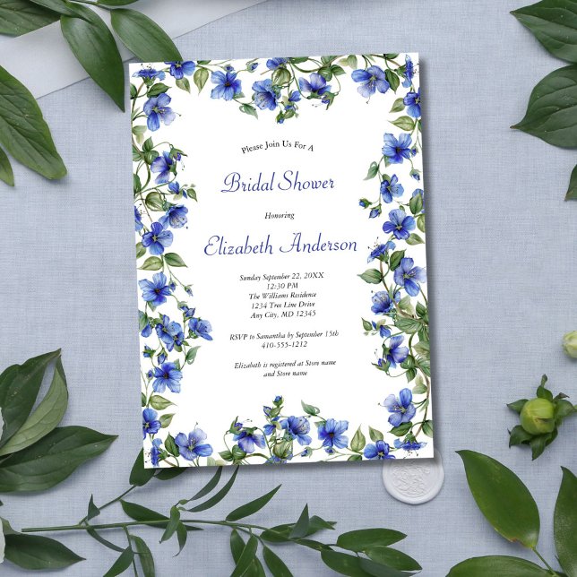 Invitación Flores salvajes azules acuarela elegante ducha de  (Blue Wildflowers Morning Glories Watercolor Bridal Shower invitation, Digital or Printed.)