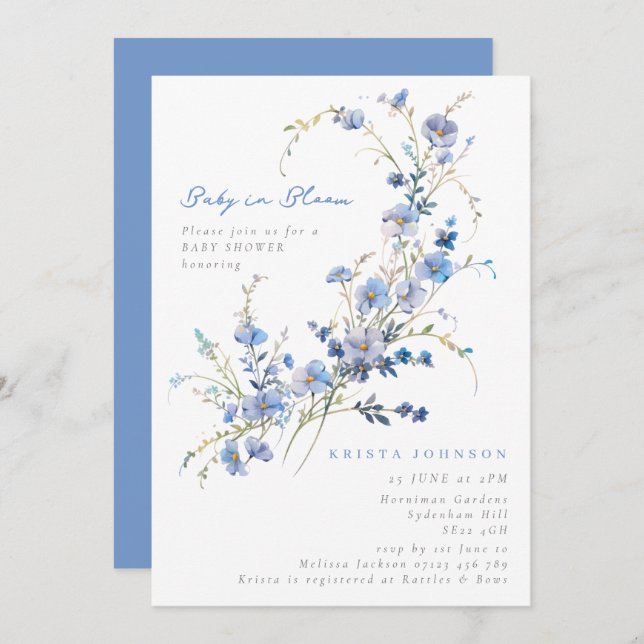 Invitación Flores salvajes azules bebé en un Baby Shower en f (Anverso / Reverso)